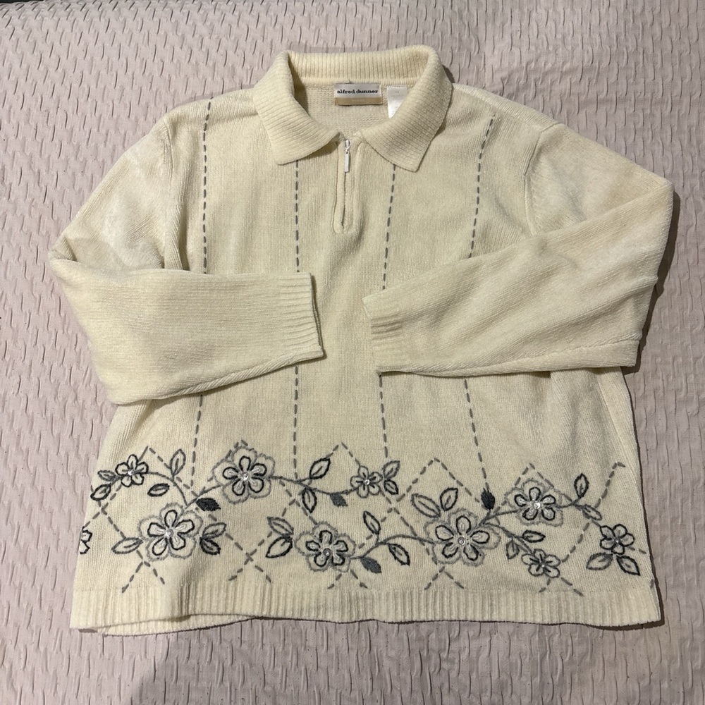 Alfred Dunner Cream Floral Embroidered Sweater